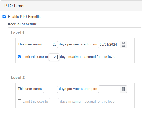Timogix individual PTO accrual schedule showing 20 days per year and a 20-day maximum for level one